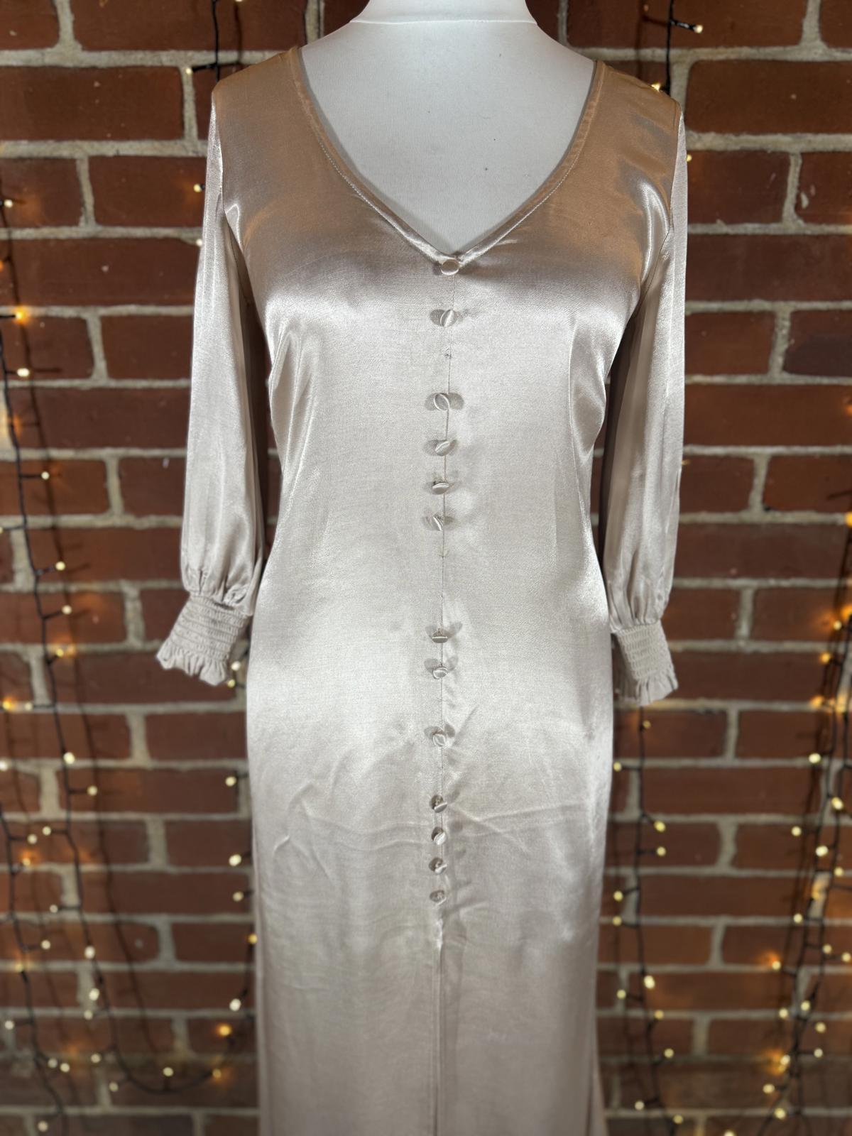 Goddiva Champagne Satin Maxi Dress UK 12 – Button Front Vintage Read Info! 227