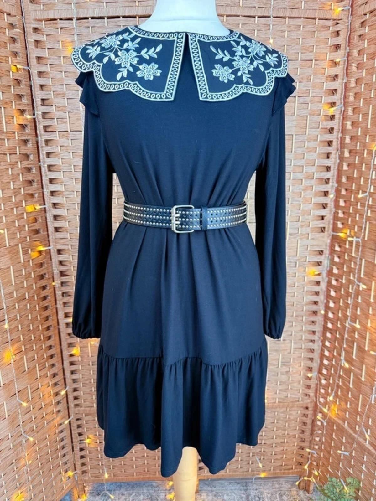 Embroidered Collar Dress UK 14 Long Sleeve Cottagecore Prairie VGC