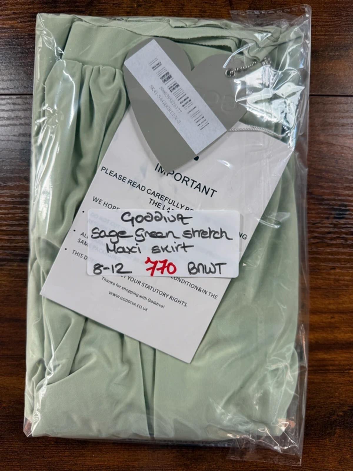 Goddiva Sage Green Maxi Skirt BNWT Split Stretch UK 8-12
