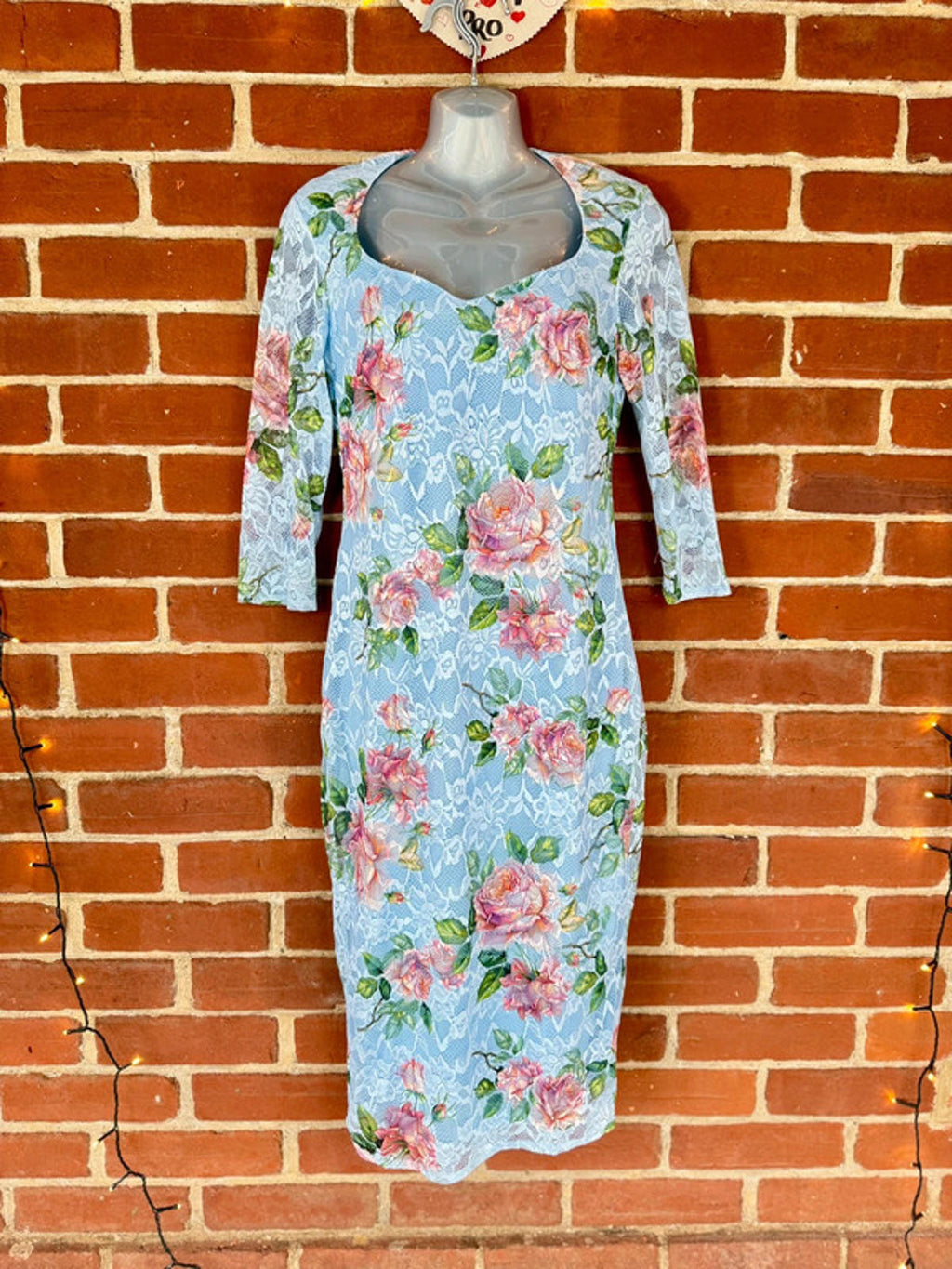 City Goddess UK 10 Blue Lace Bodycon Dress | Floral Overlay | Romantic Midi