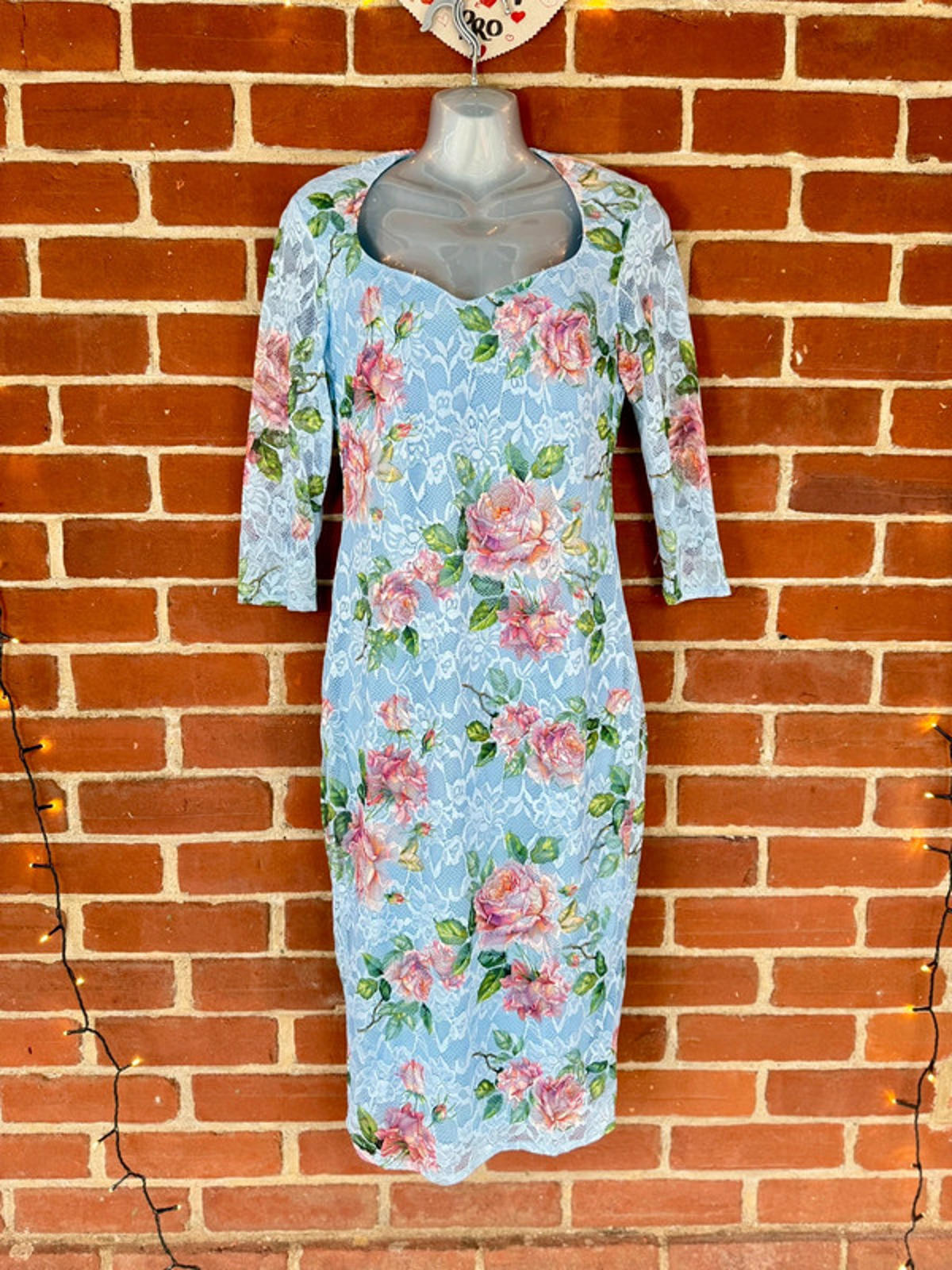 City Goddess UK 10 Blue Lace Bodycon Dress | Floral Overlay | Romantic Midi