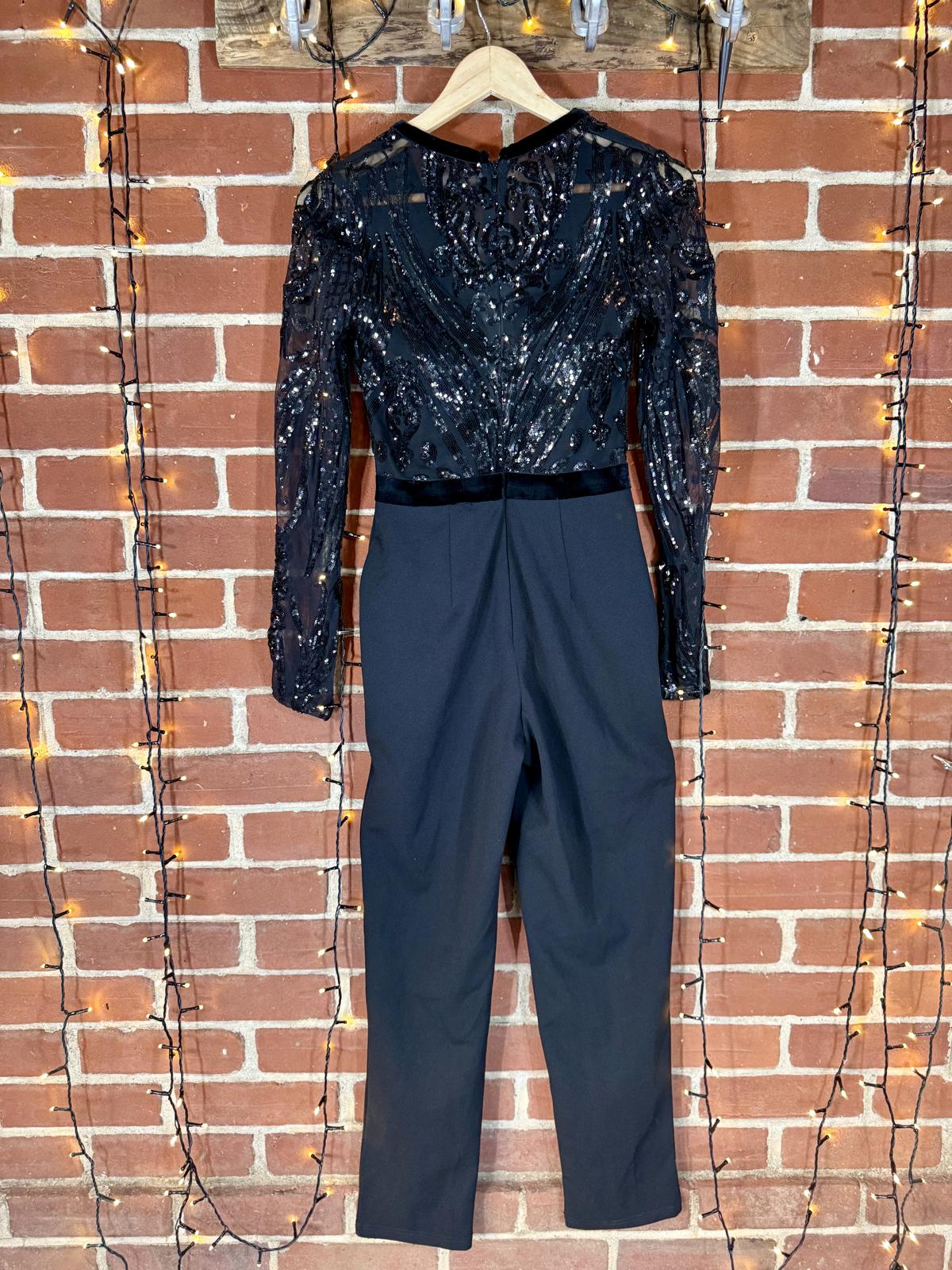 Goddiva London Black Sequin Mesh Bodice Jumpsuit – UK 8