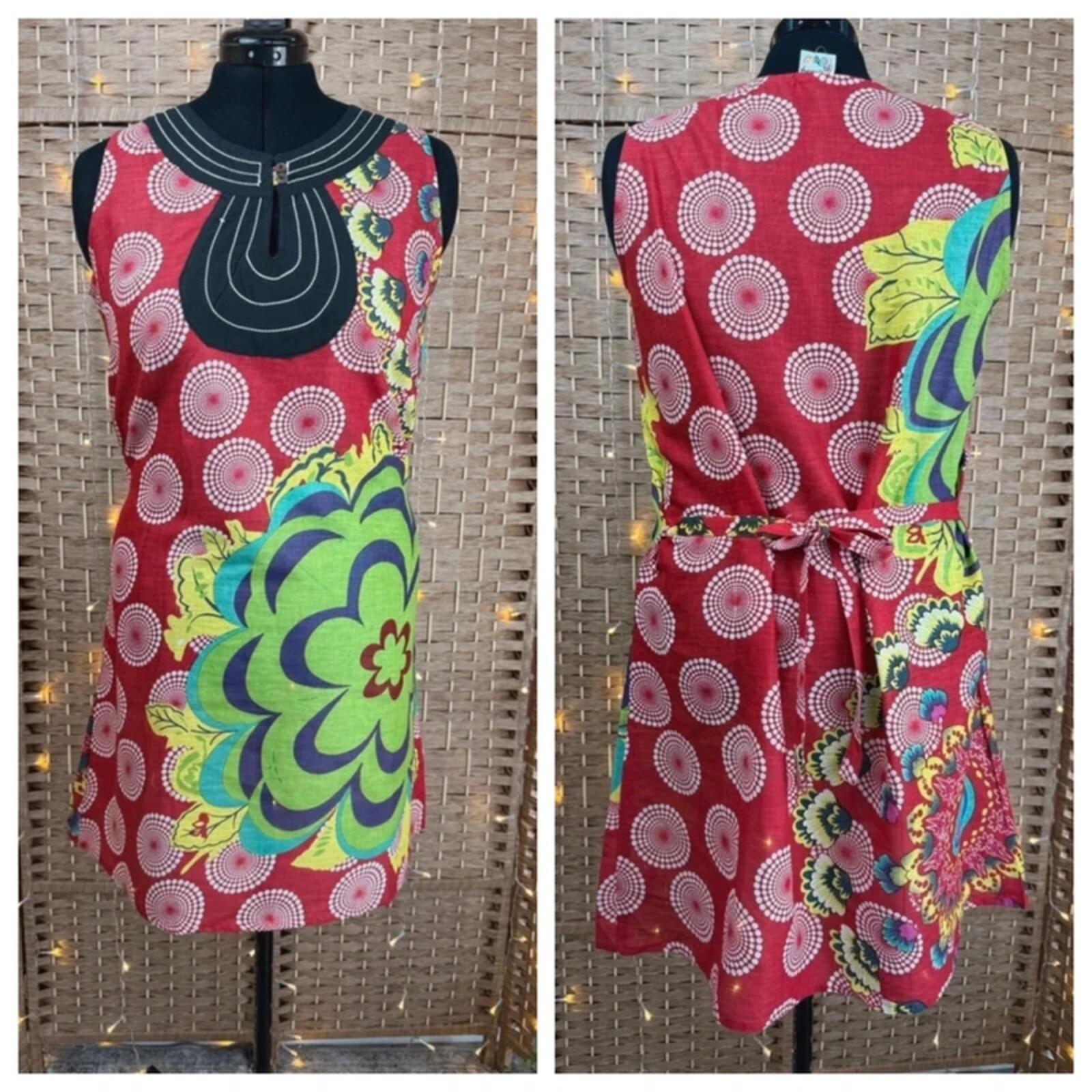 Hunny Design Cotton Dress UK 14 16 Red Boho Floral Festival Summer Tie Back
