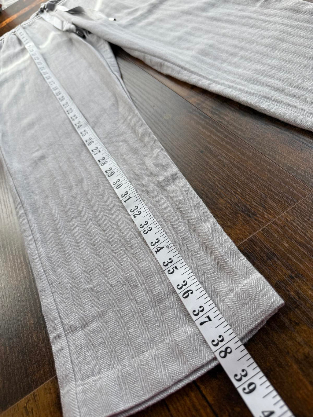 Light Gray Linen Mix Women's Casual Ribbed Pants with Drawstring Waist - Size 14