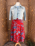 Bonmarché Red Floral Midi Skirt UK 14 Elastic Waist Summer