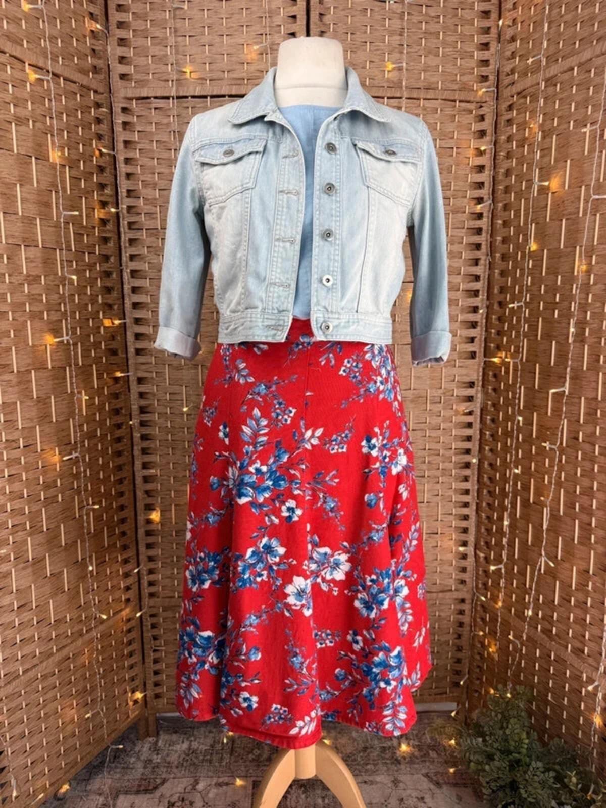 Bonmarché Red Floral Midi Skirt UK 14 Elastic Waist Summer