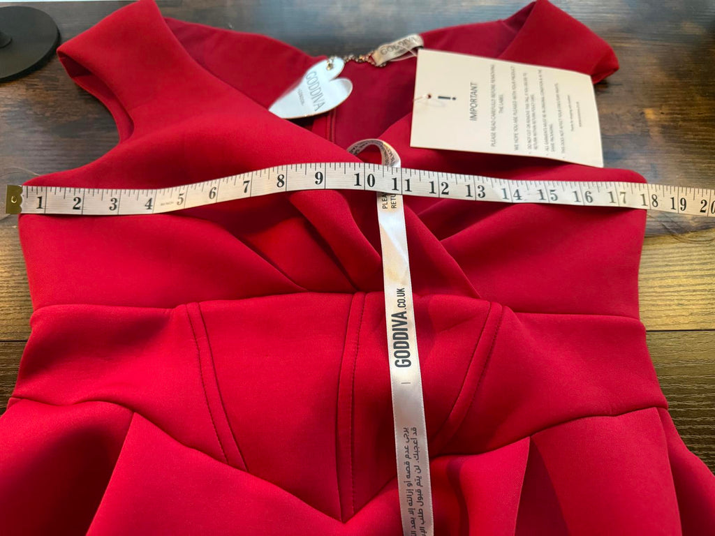 Goddiva London Red Scuba Crepe Midi Dress UK 14 | Elegant Pleated Gown #173