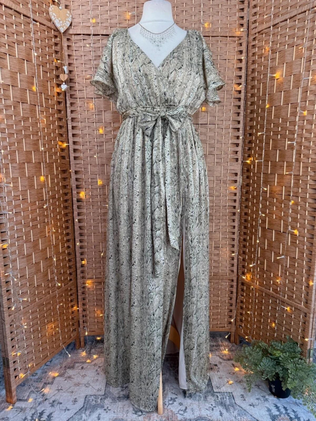 BNWT Goddiva Metallic Snake Print Maxi Dress UK10-12 Gold