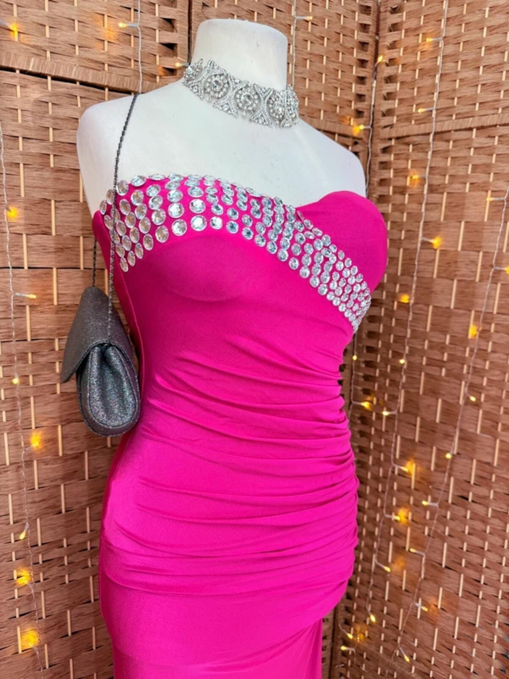 Goddiva Cerise Pink Strapless Maxi Dress UK L Prom Evening