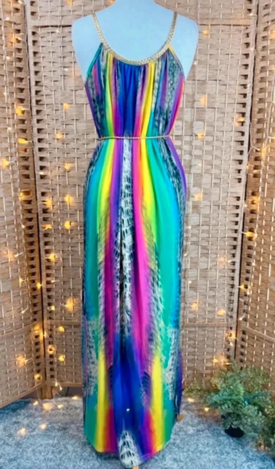 Colourful Boho Maxi Dress Animal Print Neon Cruise Holiday UK 8-12