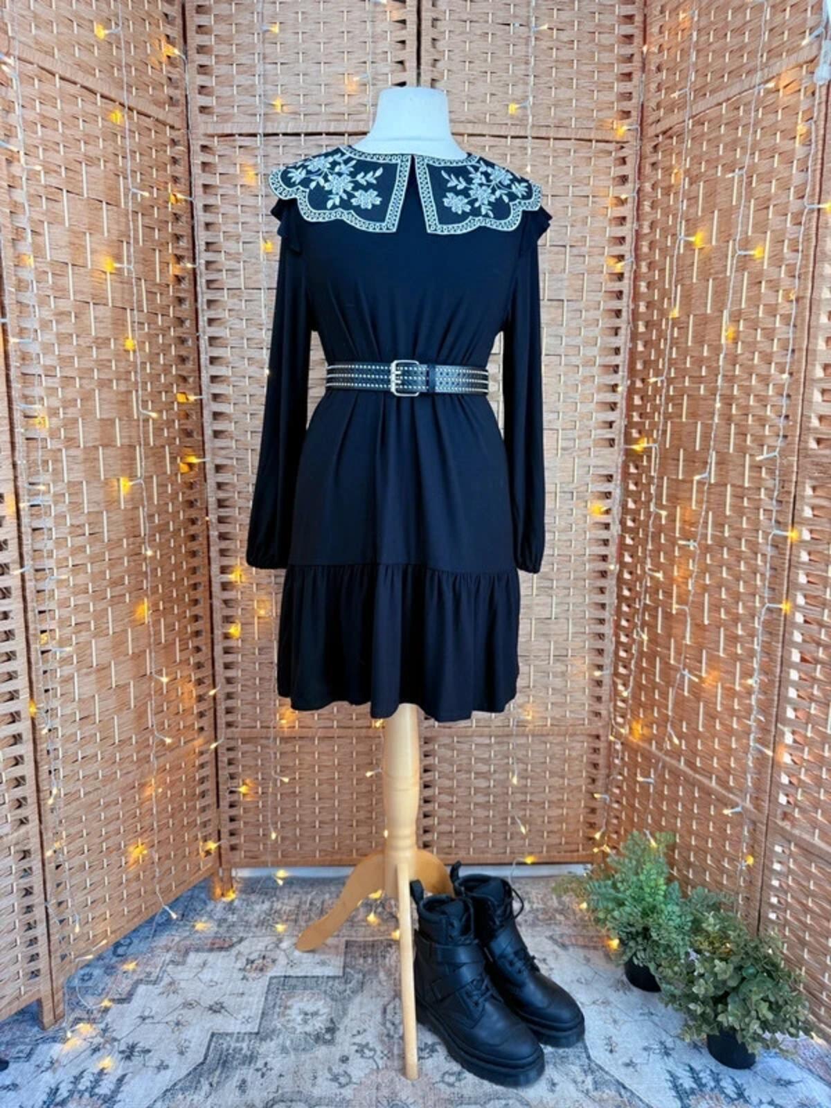 Embroidered Collar Dress UK 14 Long Sleeve Cottagecore Prairie VGC