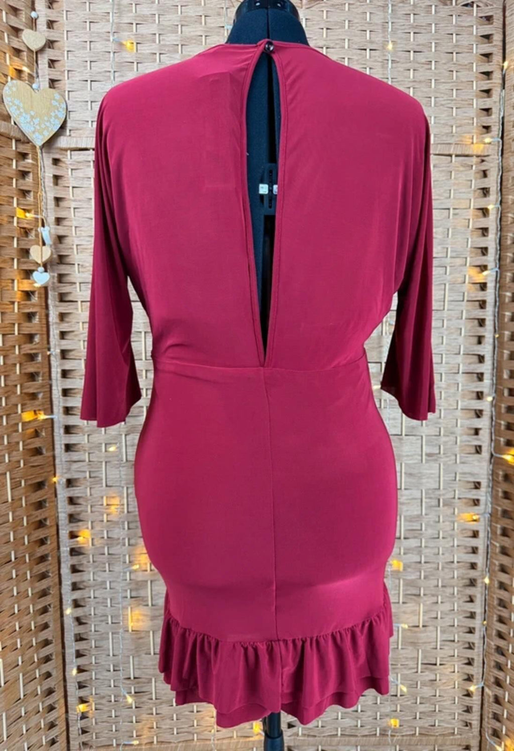 City Goddess Wine Bodycon Dress UK 16 V Neck Ruffle Party Mini