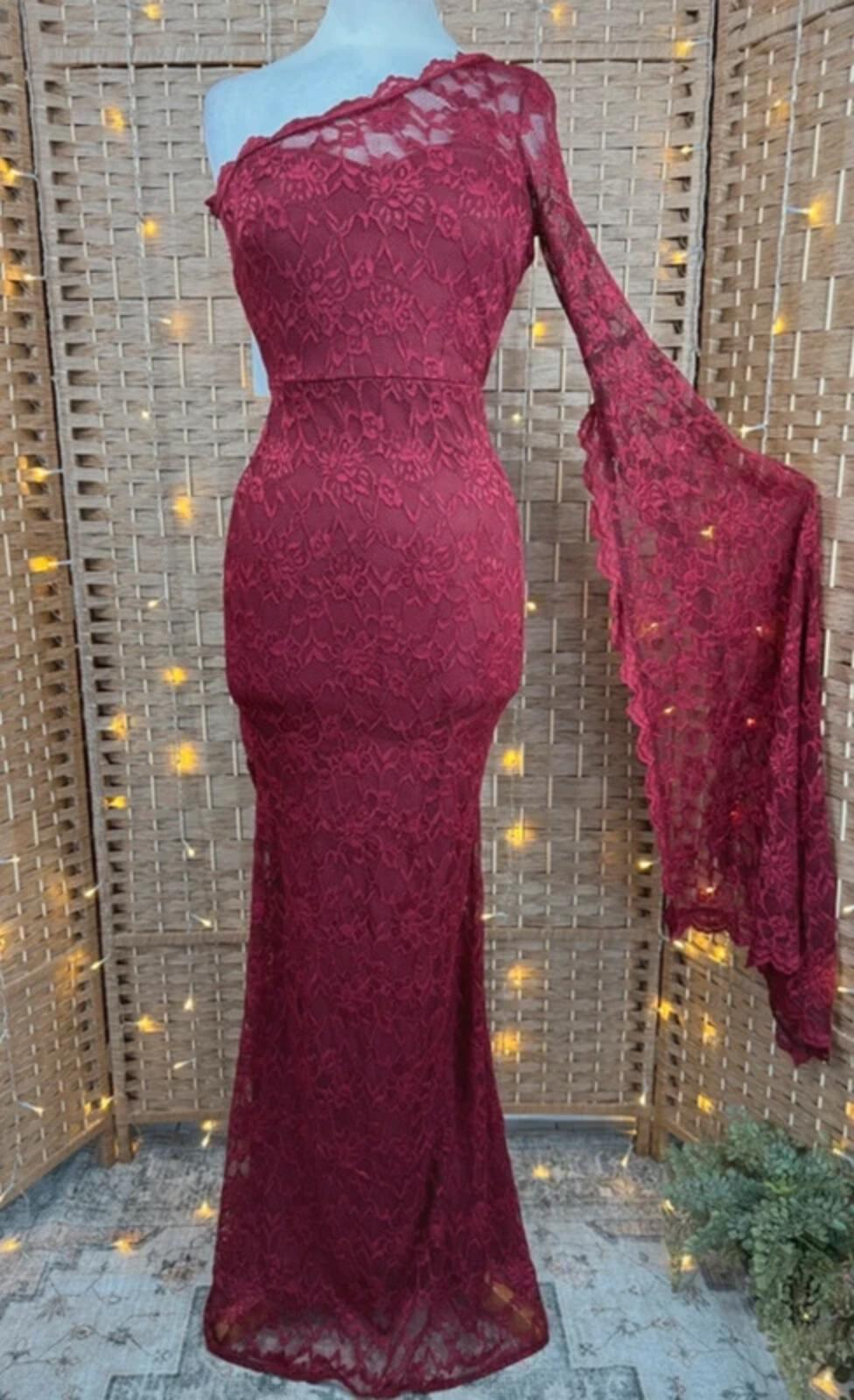 Goddiva Burgundy Lace One Shoulder Maxi Dress UK 8 BNWT Gothic Glam