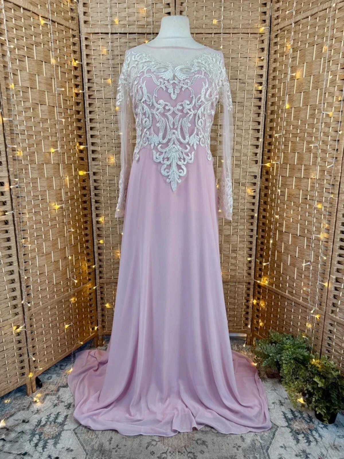 Goddiva Blush Lace Mesh Maxi Dress UK 12-14 (US 8) Occasion Gown