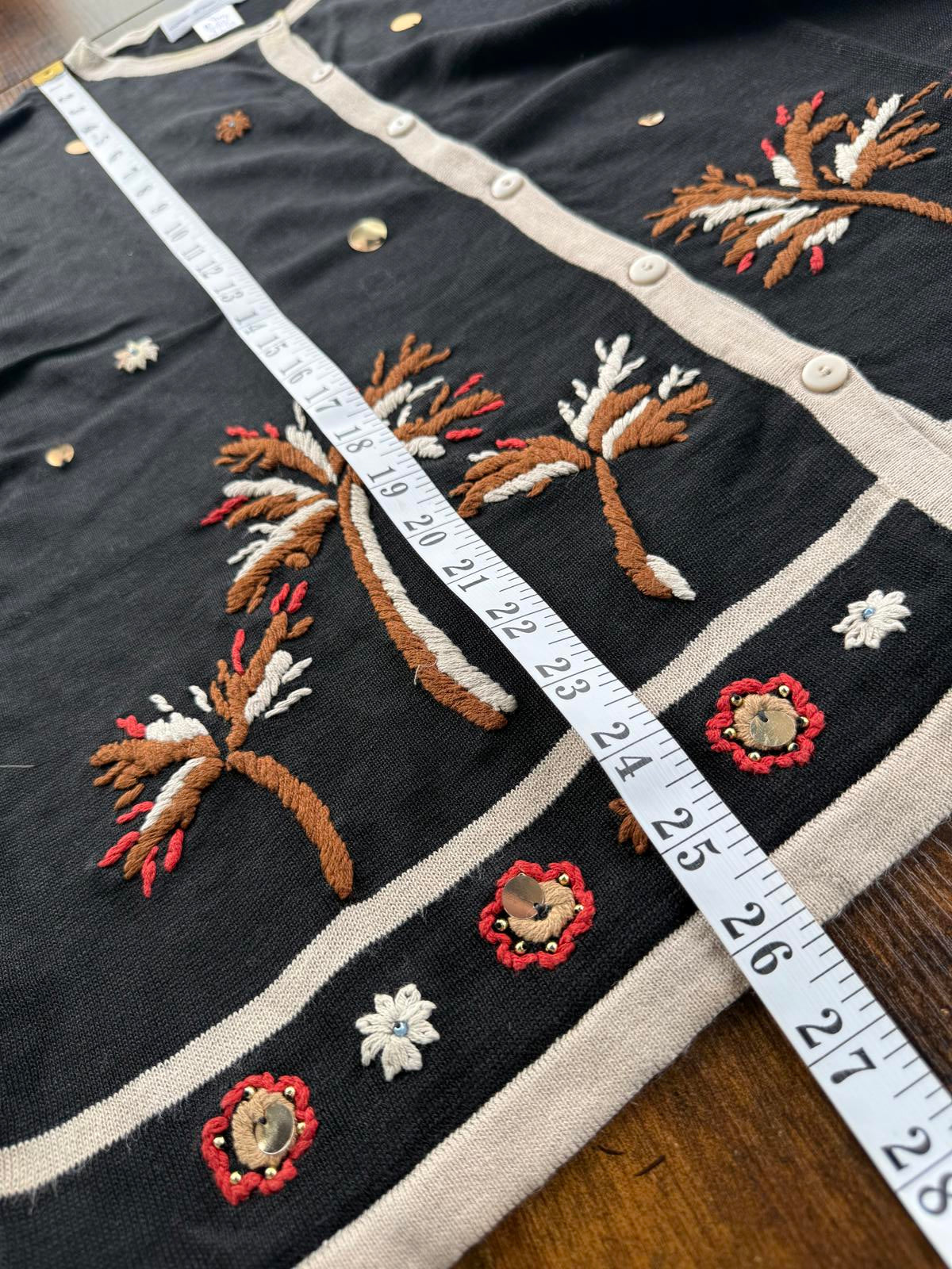 Vintage Y2K Susan Graver XL Cardigan Top Black Palm Tree UK16-18              NUM43