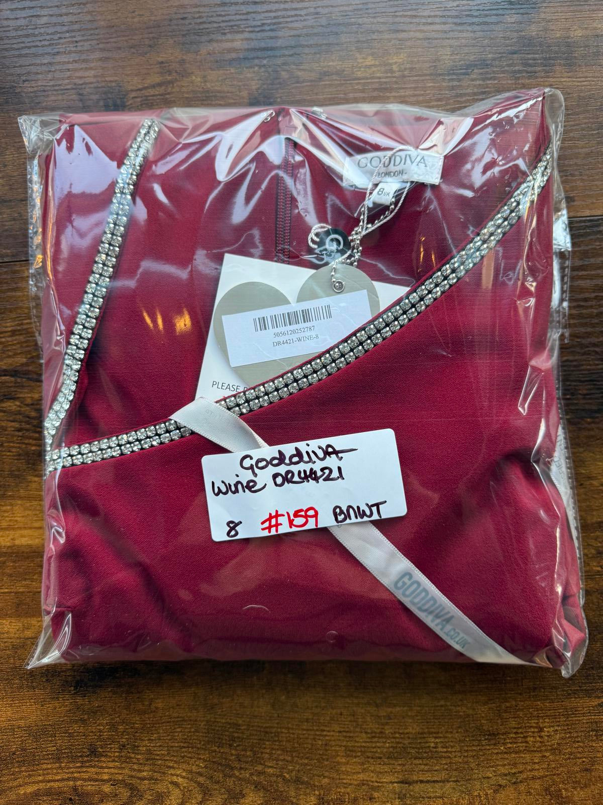 Goddiva London DR4421 Wine Red Embellished Midi Dress UK 8 – Ruched Wrap Style