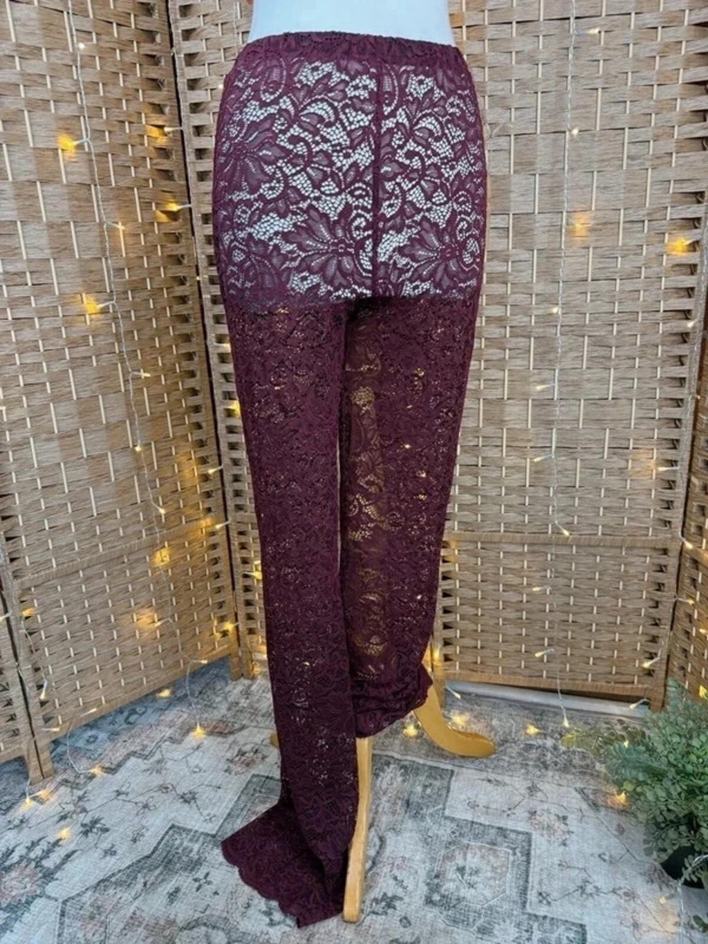 Burgundy Lace Wide Leg Trousers UK 10-12 Sheer Y2K Boho