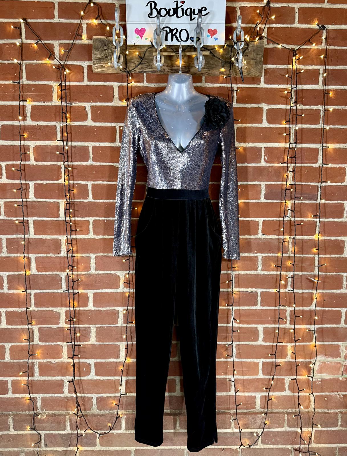 Goddiva Sequin Velvet Tuxedo Jumpsuit UK 8 Silver Black Party Outfit VGC #152