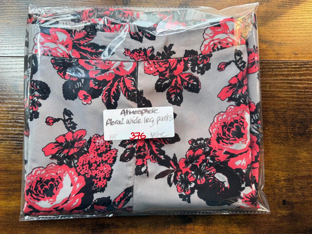 Atmosphere Floral Wide-Leg Trousers | Grey & Red Roses | UK 18    .376
