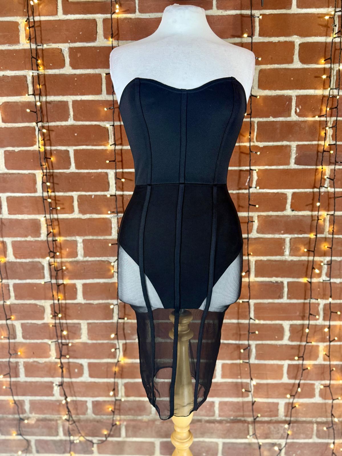 PLT Black Strapless Mesh Corset Dress Bodycon Midi UK 8 #143
