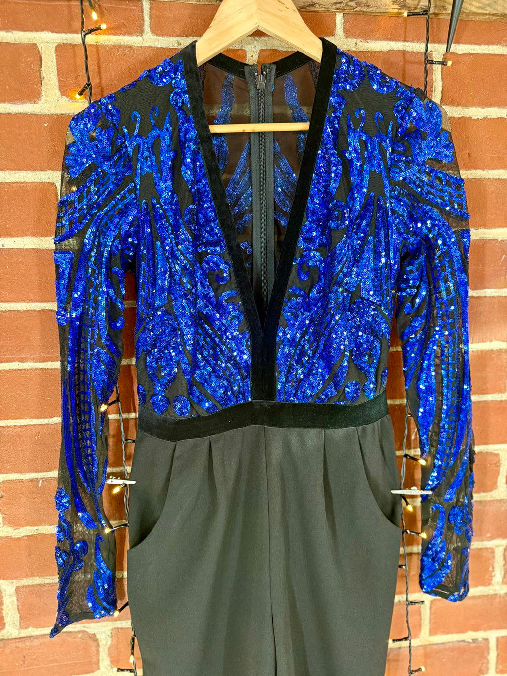 Stephanie Pratt x Goddiva Blue Sequin Plunge Jumpsuit UK 10