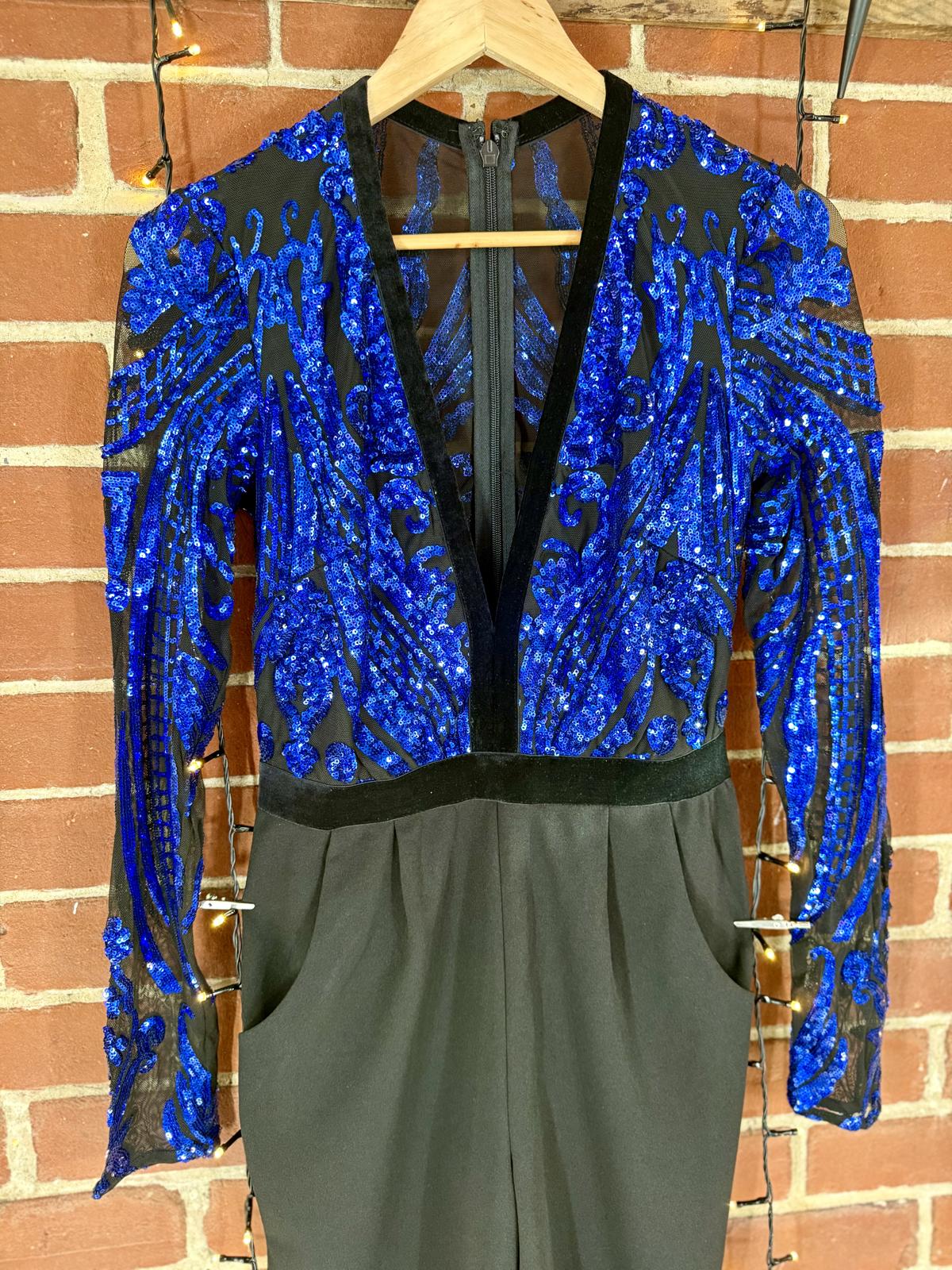 Stephanie Pratt x Goddiva Blue Sequin Plunge Jumpsuit UK 10