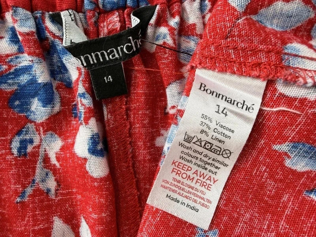 Bonmarché Red Floral Midi Skirt UK 14 Elastic Waist Summer