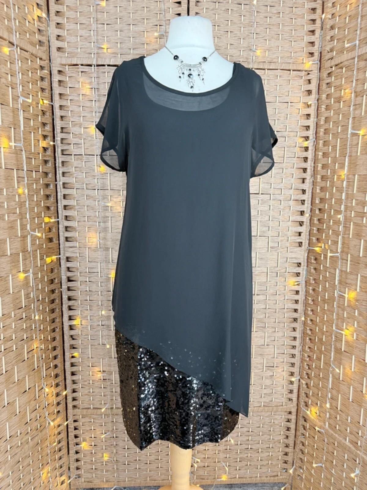 Black Sequin Hem Chiffon Overlay Dress UK 14 US 10 Party Occasion