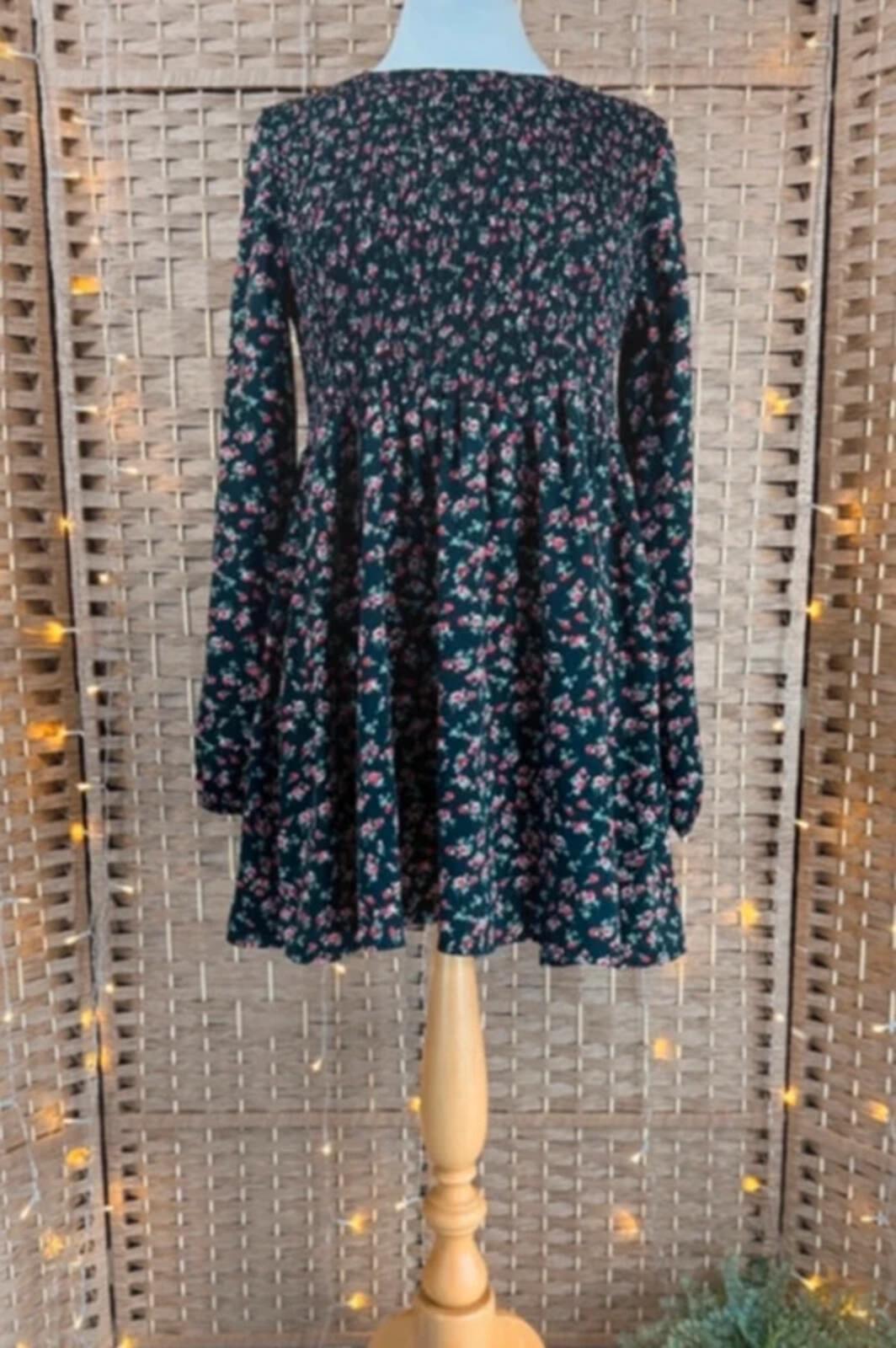 Daisy Street Floral Smock Dress UK 8 US 4 Black Mini Cottagecore