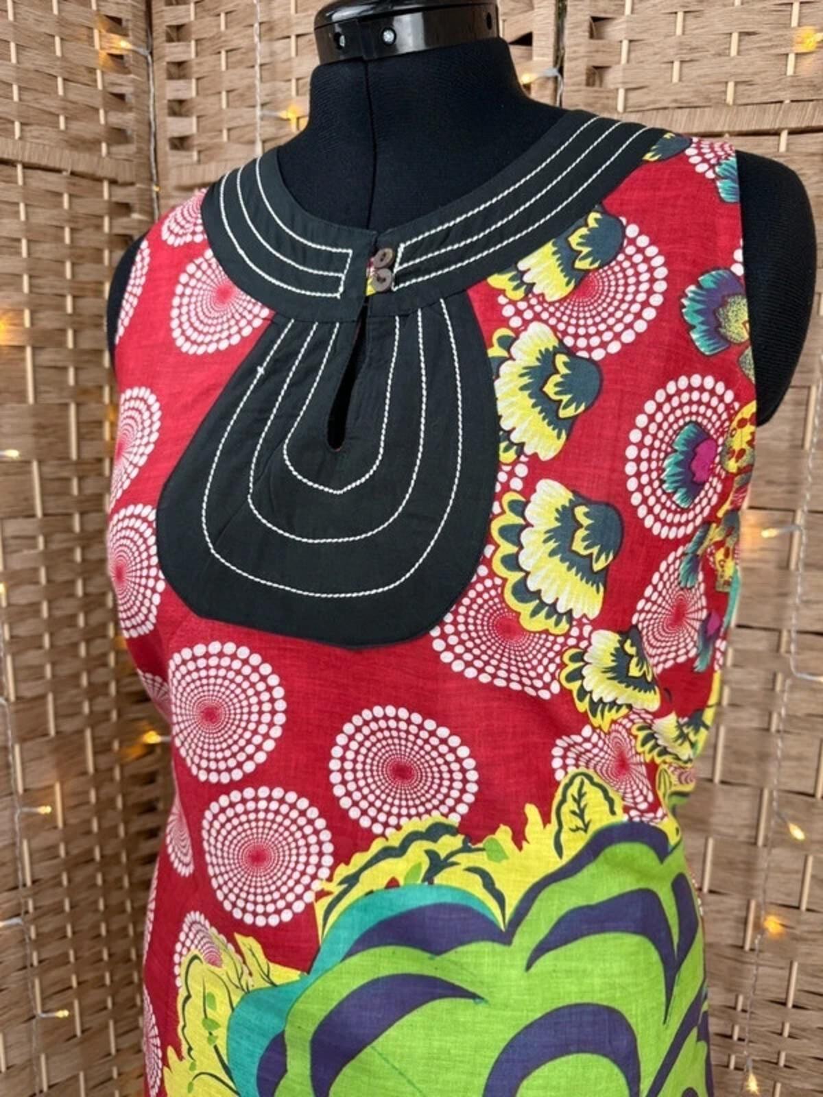 Hunny Design Cotton Dress UK 14 16 Red Boho Floral Festival Summer Tie Back