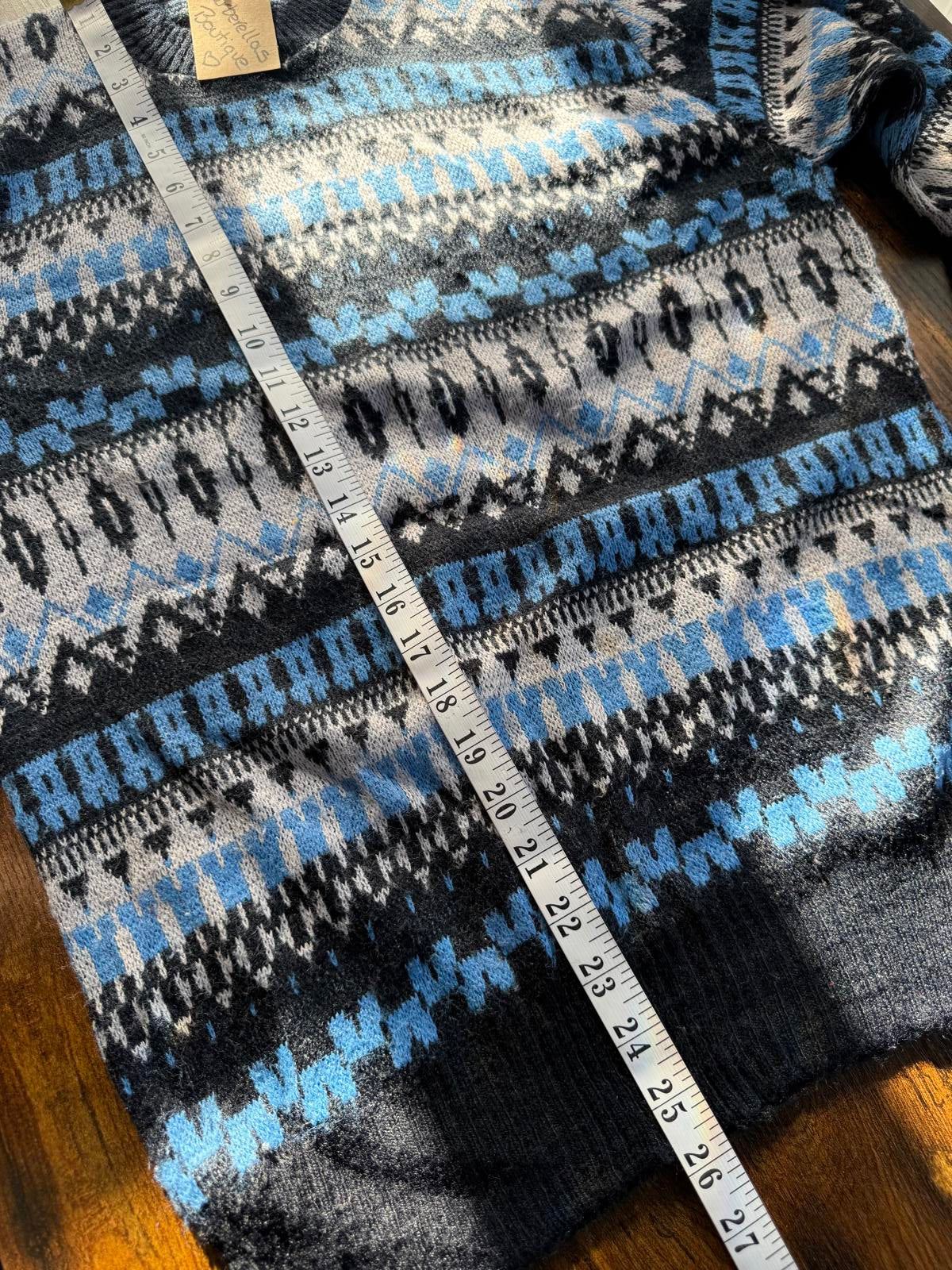 Men’s Fair Isle Knit Jumper Blue Grey Crew Neck M (38–40” Chest) NUM4