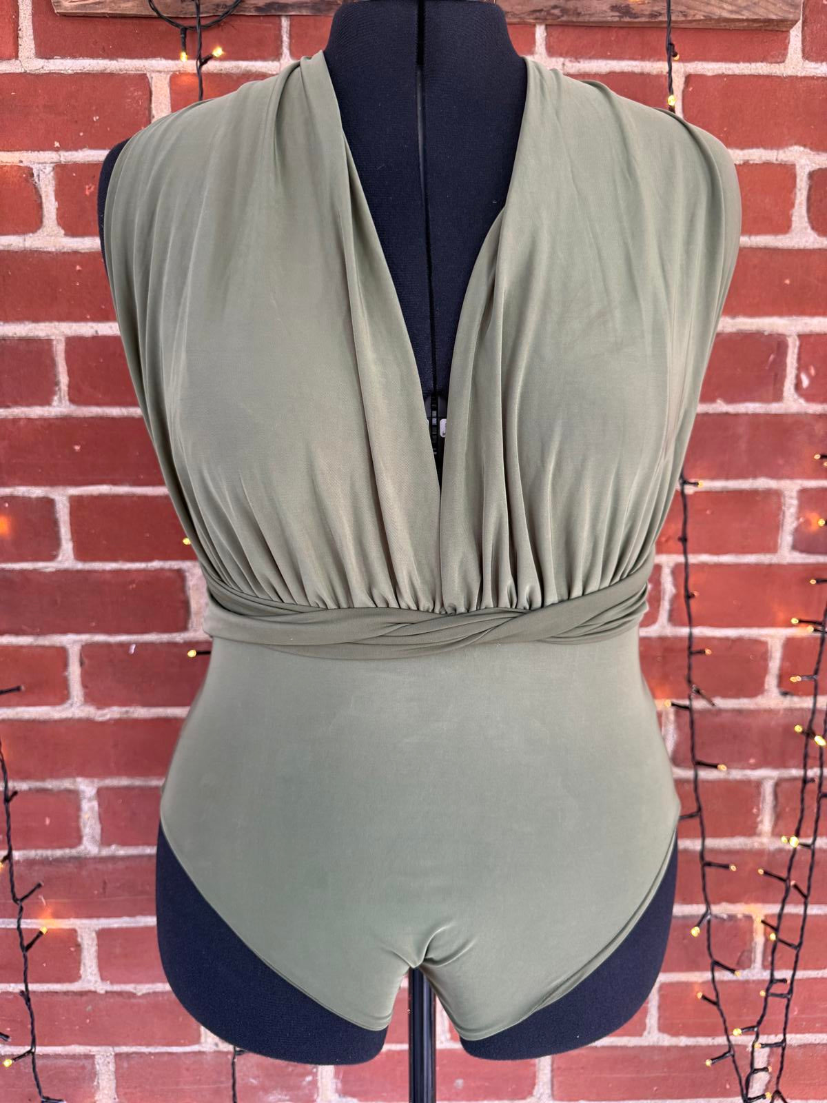 Olive Green Women's One-Piece Swimsuit with Wrap Detail - Size XL
