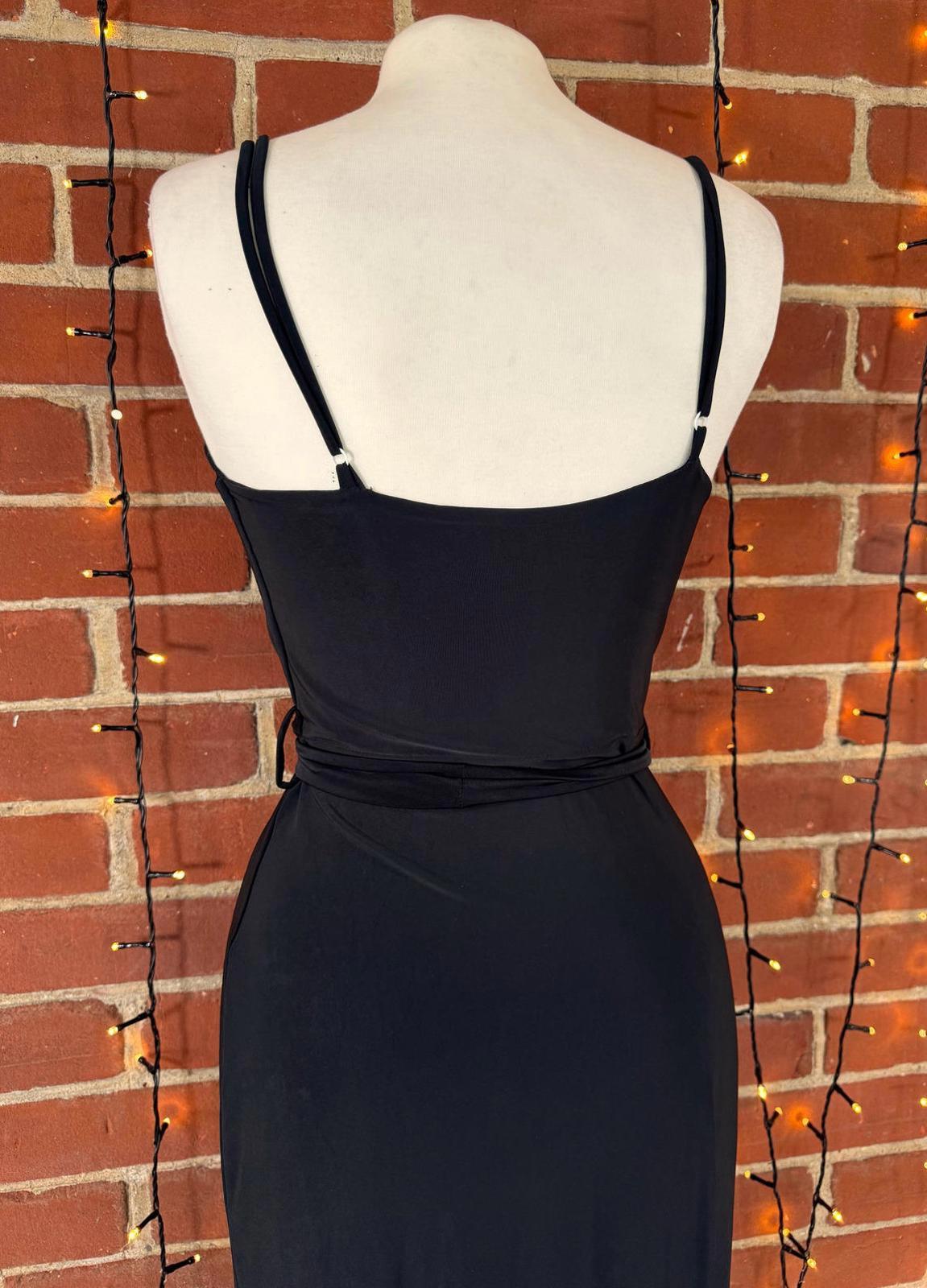 Black Wrap Maxi Dress Strappy V Neck Tie Waist Bodycon UK 6 Approx    sku001