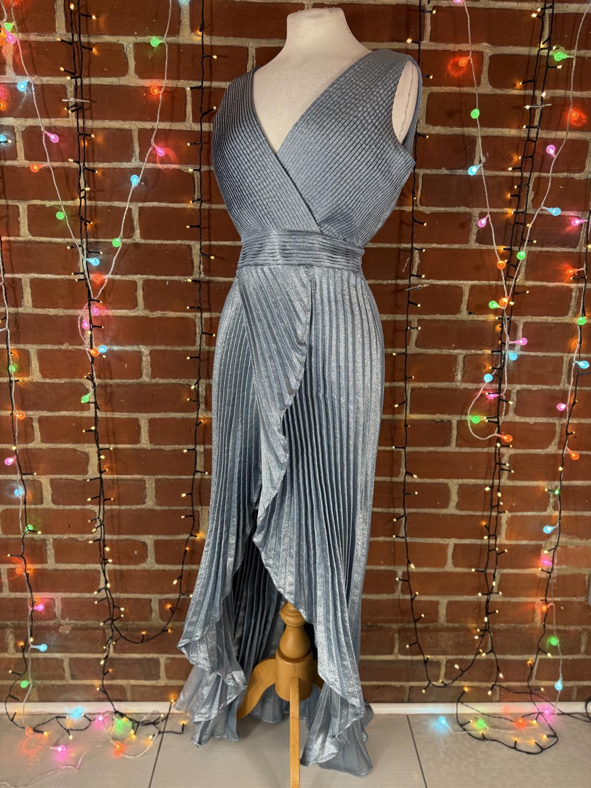 Goddiva London Silver Pleated Wrap Maxi Dress UK 8-10 – New Without Tags    255