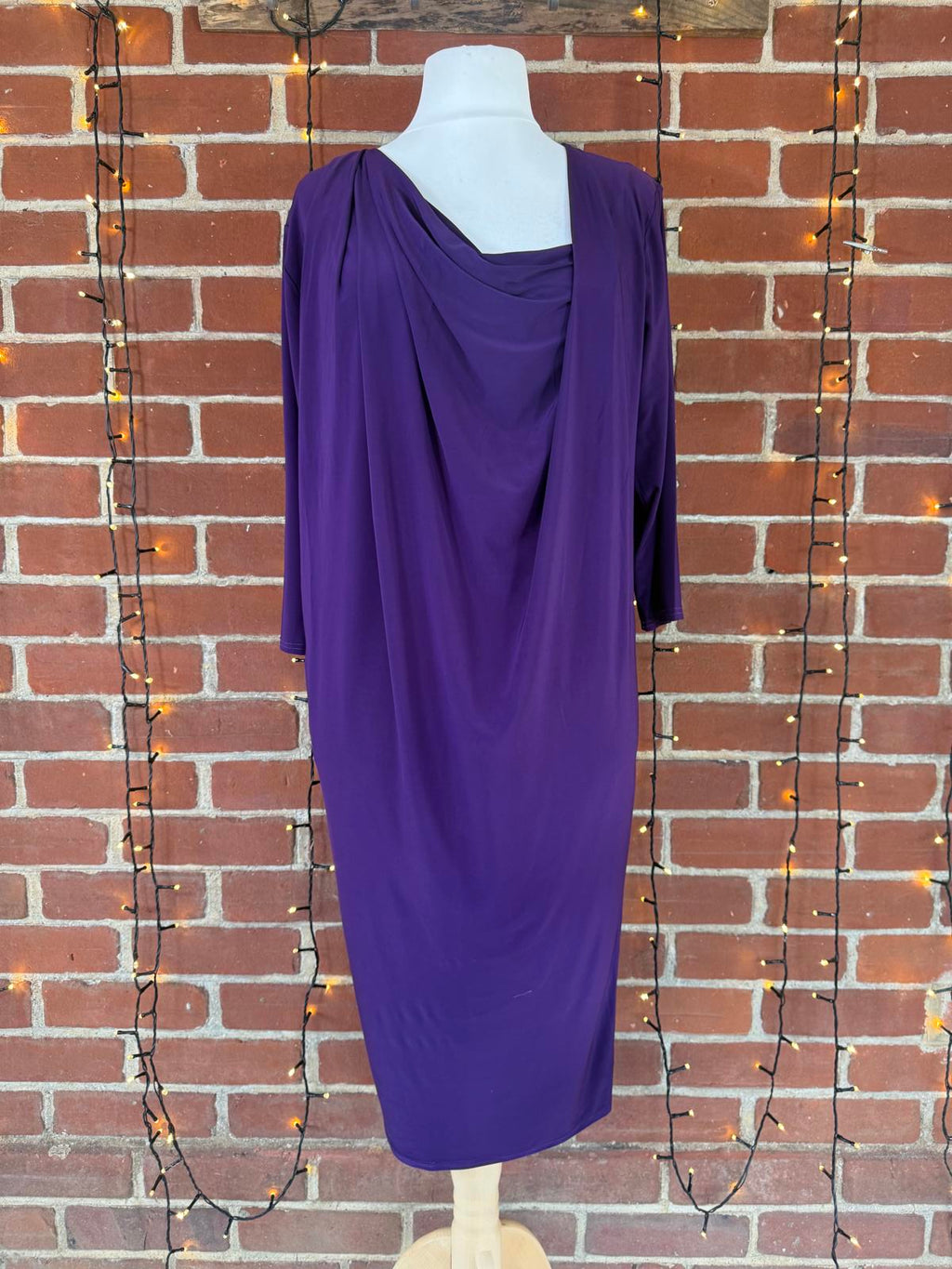 Barberellas Boutique Purple Draped Stretch Dress Cowl Neck 3/4 Sleeves, UK 12-14