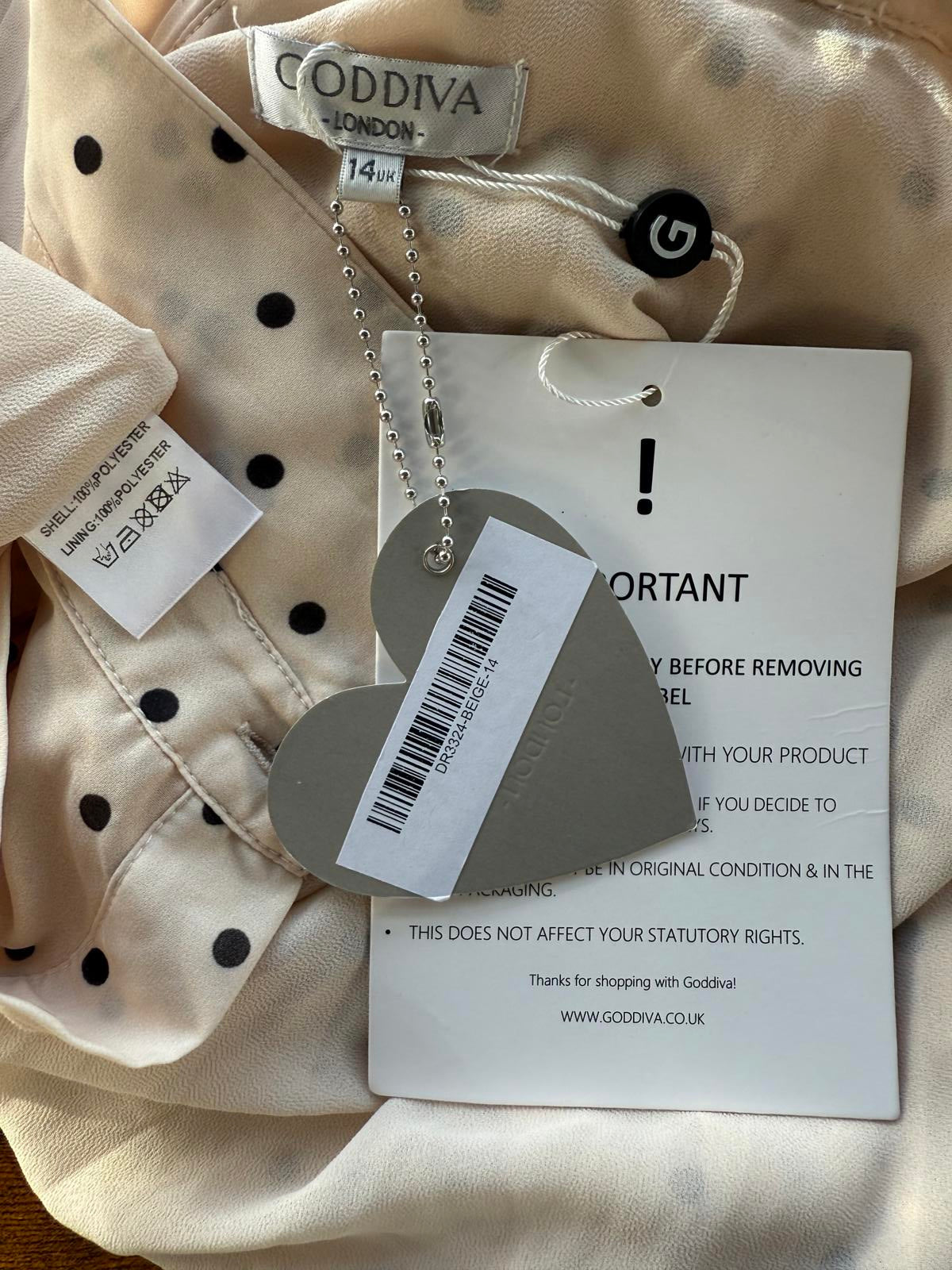 Goddiva Cream Beige Polka Dot Pleated Midi Shirt Dress UK 14 BNWT