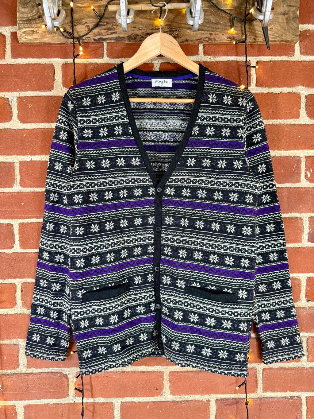 Men’s Bigi FIRST Fair Isle Snowflake Cardigan Black Purple – Small / Medium #51 NUM 10