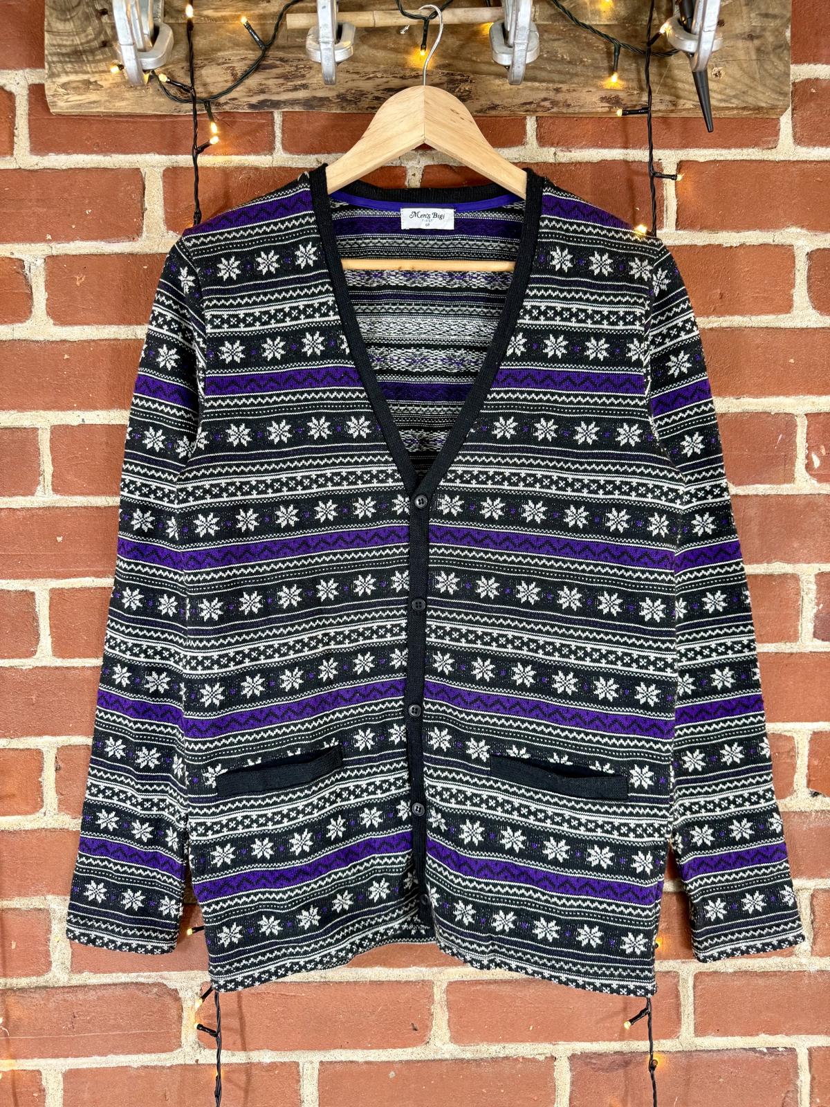 Men’s Bigi FIRST Fair Isle Snowflake Cardigan Black Purple – Small / Medium #51 NUM 10