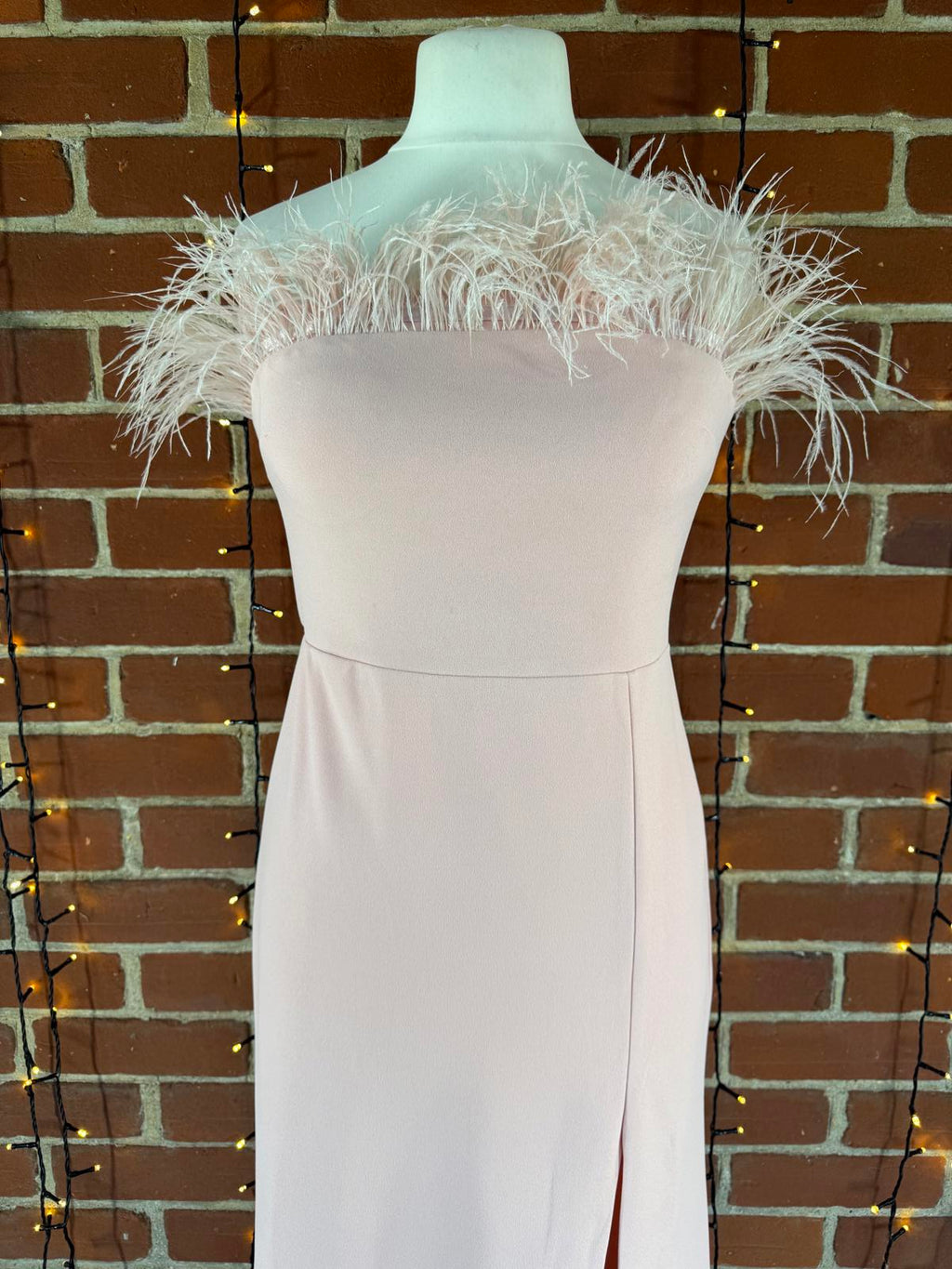 Goddiva Blush Feather Bardot Maxi Dress UK 12 / US 8 Slit Evening            .38