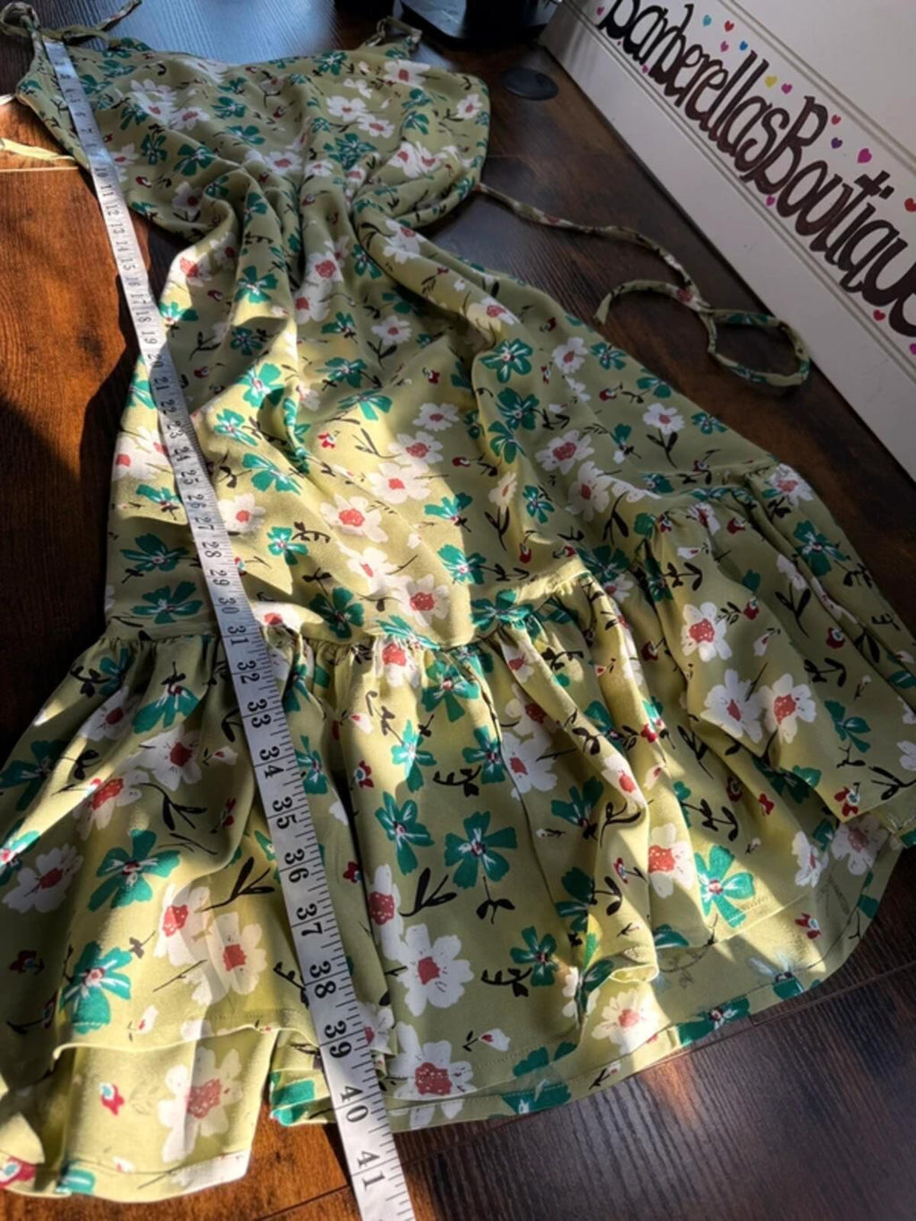 Green Floral Summer Midi Dress UK 14 Shirred Back Holiday Beach