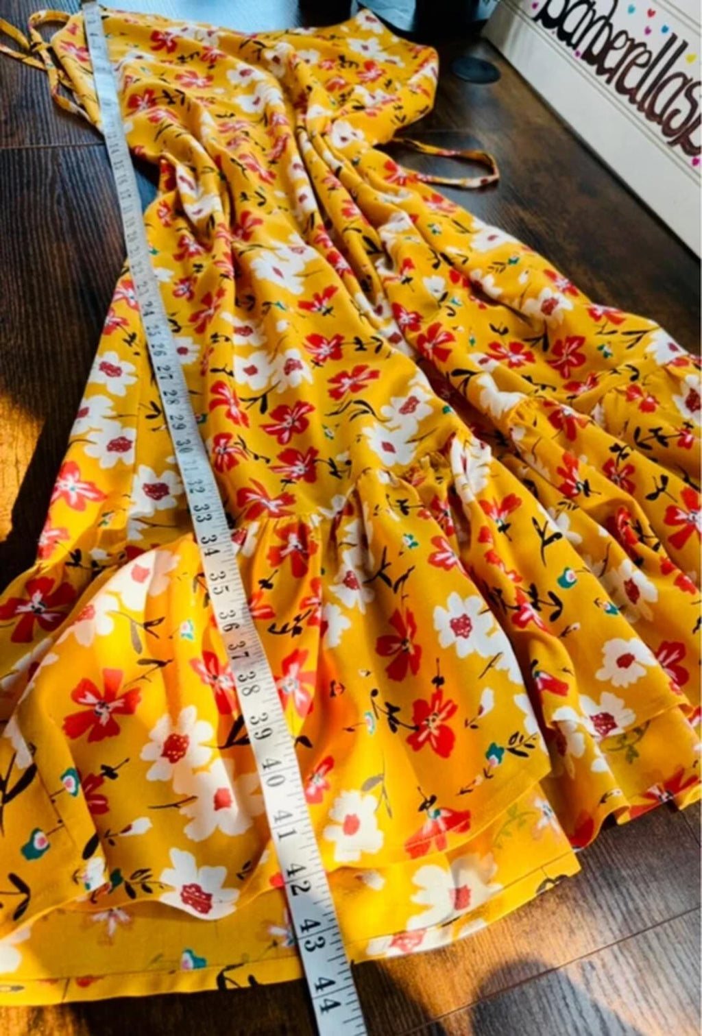Boho Yellow Floral Frill Hem Midi Dress Size L Festival