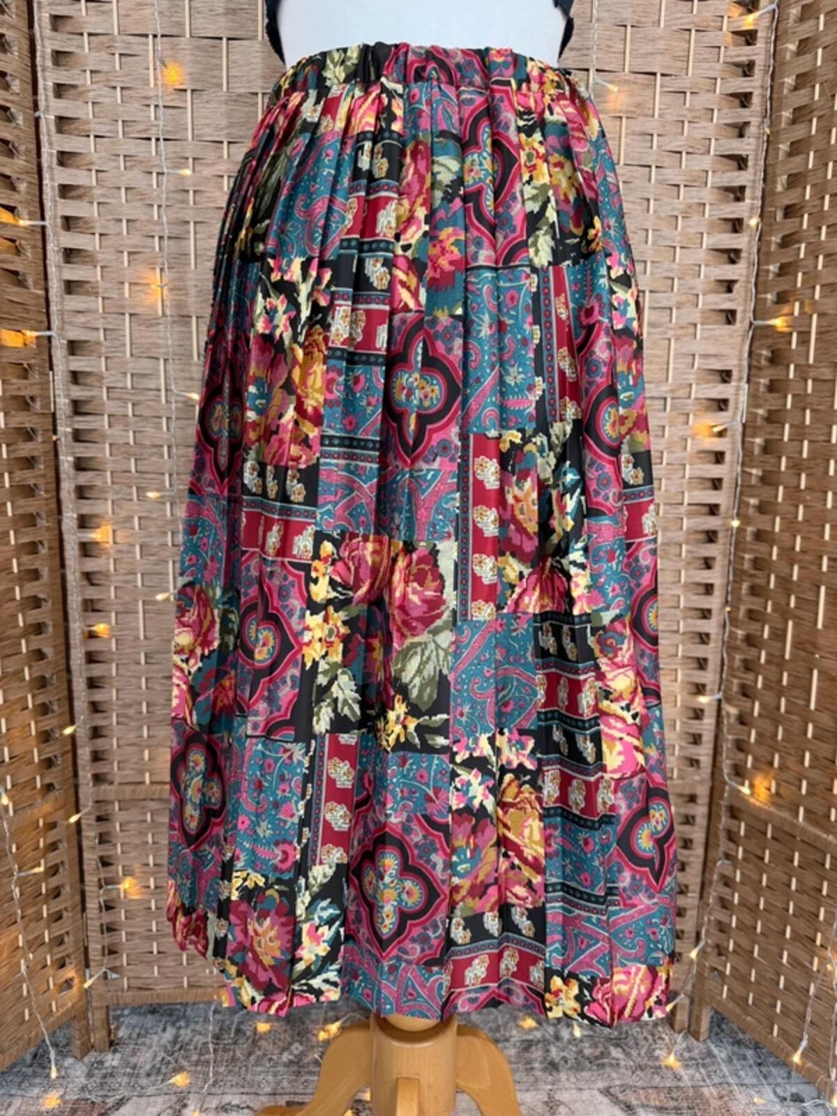 Vintage Pleated Midi Skirt UK 10–12 Y2K Floral Boho Festival