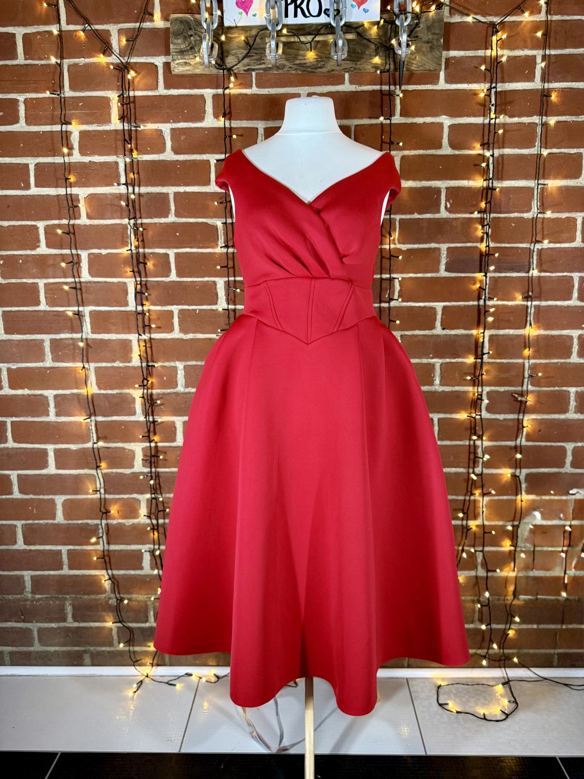 Goddiva London Red Scuba Crepe Midi Dress UK 14 | Elegant Pleated Gown #173