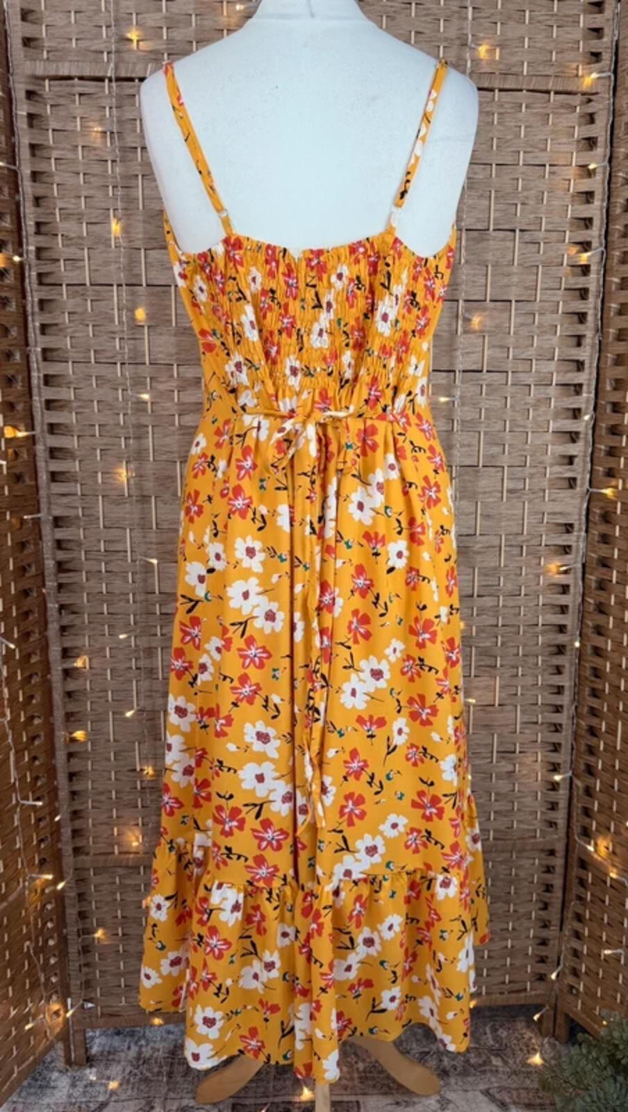 Yellow Floral Summer Midi Dress UK 14 Shirred Back Holiday Beach