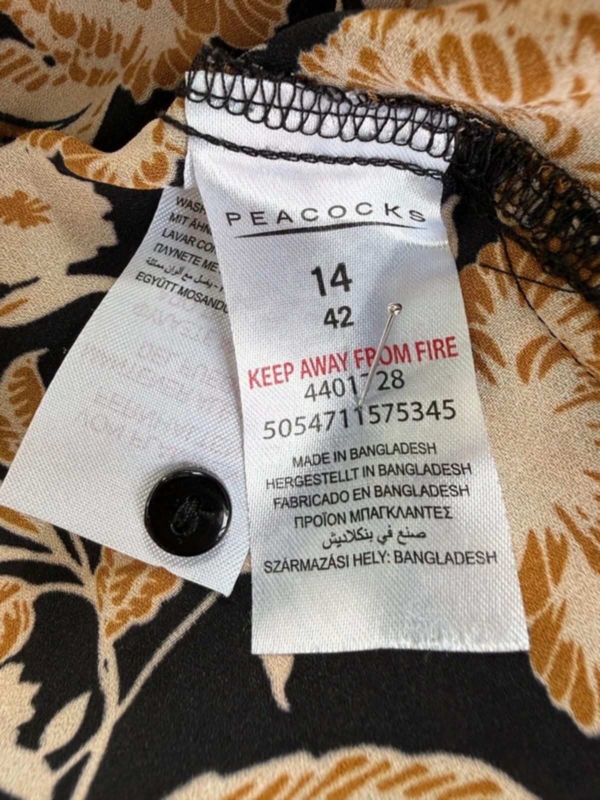 Peacocks Boho Floral Blouse UK 14 Black Tan Tie Neck Top