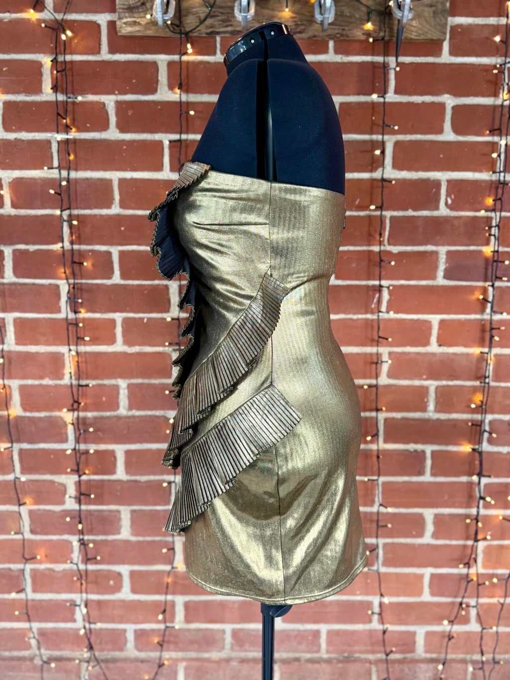 Goddiva London Metallic Gold Strapless Pleated Dress – UK 14 - VGC