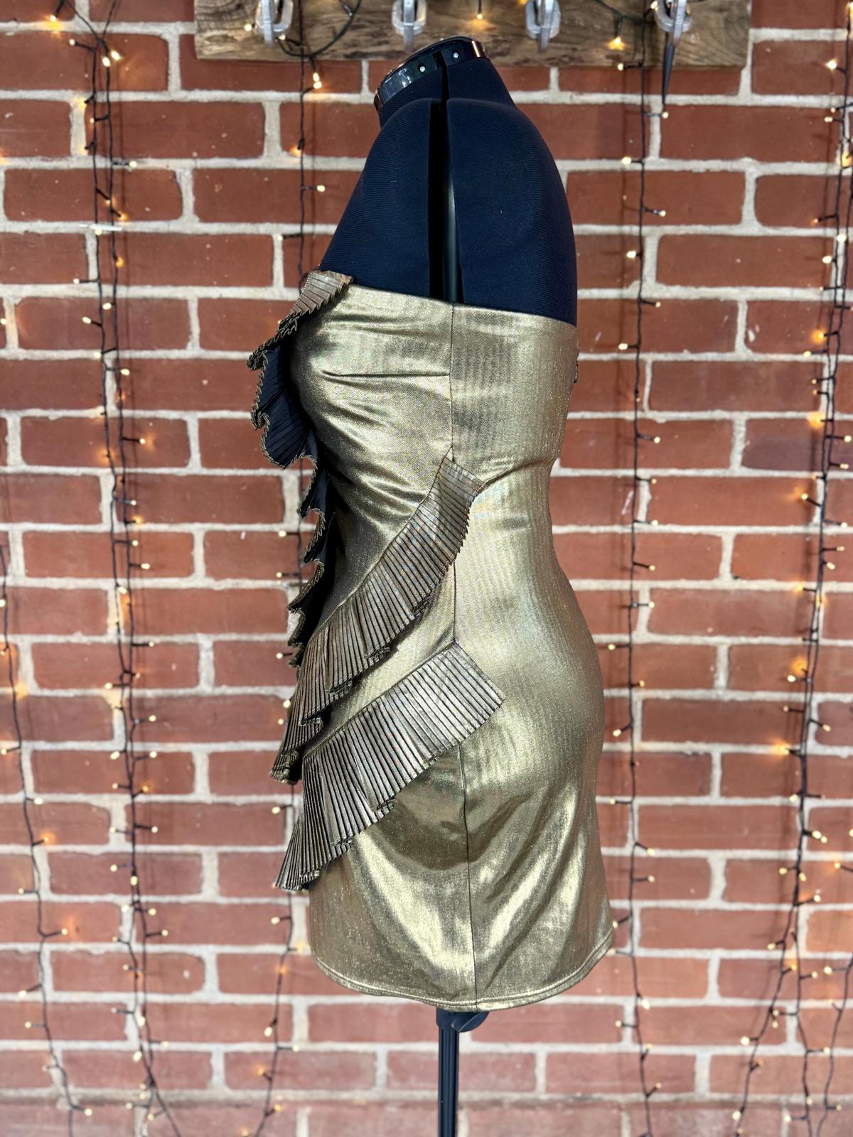 Goddiva London Metallic Gold Strapless Pleated Dress – UK 14 - VGC