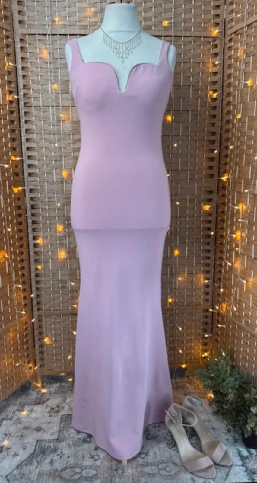 Quiz Dusky Pink Maxi Dress UK 10 Pearl Trim V Neck Occasion Gown
