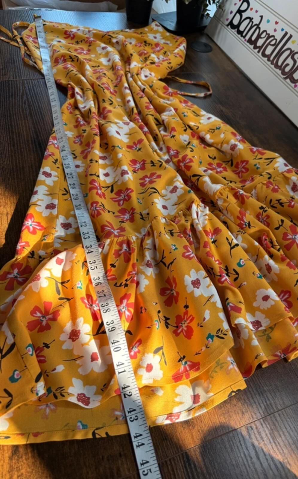 Yellow Floral Summer Midi Dress UK 14 Shirred Back Holiday Beach