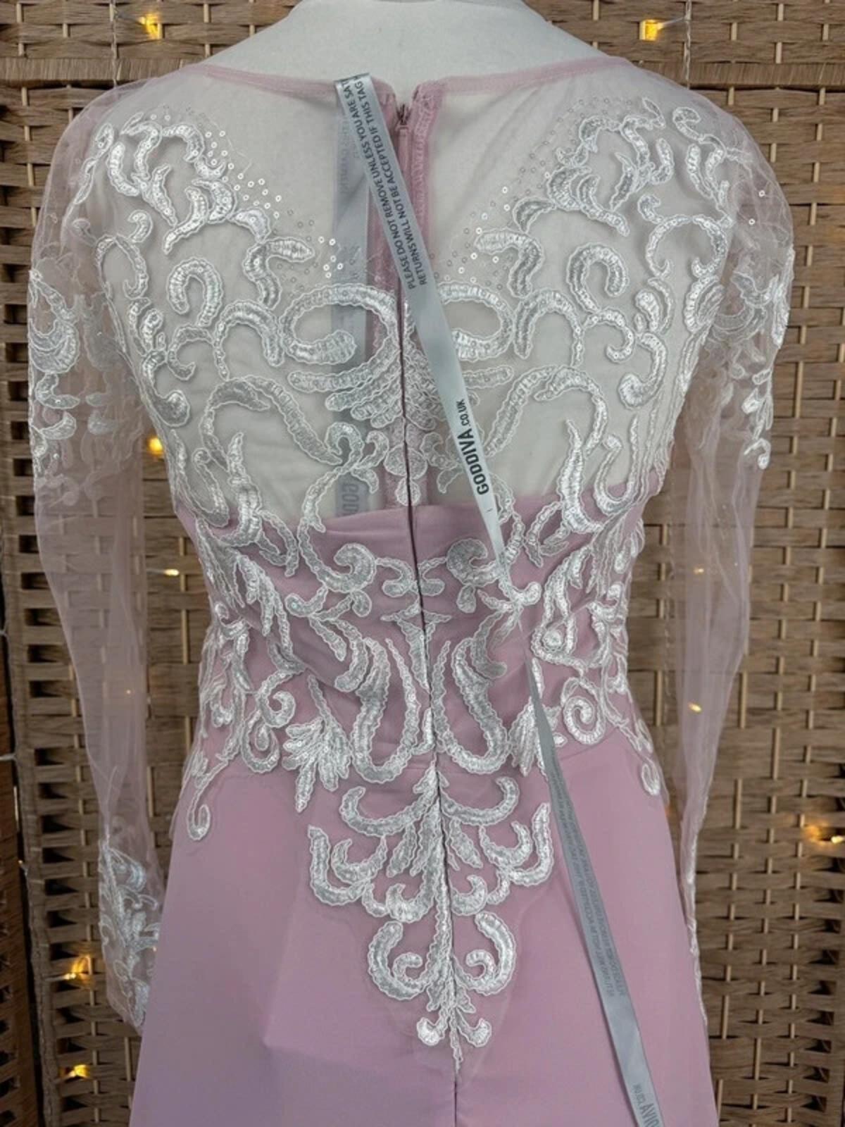 Goddiva Blush Lace Mesh Maxi Dress UK 12-14 (US 8) Occasion Gown